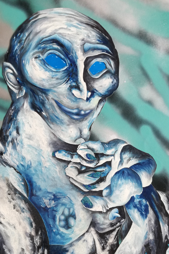 Nicolas.Perez.Portrait bleu (peinture à l.huilé aérosol, paillettes sur papier 70x50cm) Nicolas Perez